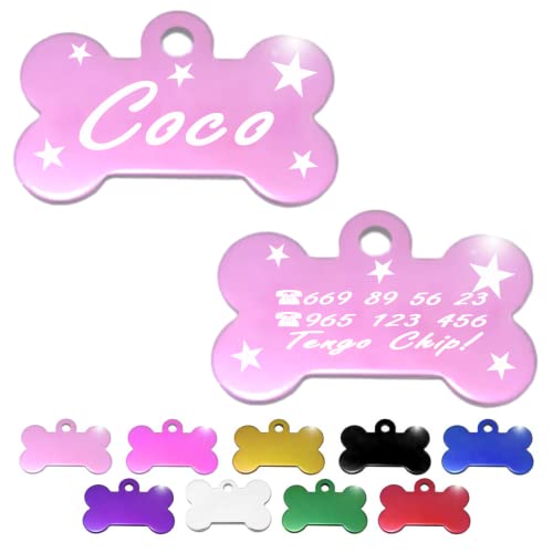Hueso para Mascotas pequeñas-Medianas con Estrellas Placa Chapa Medalla de identificación Personalizada para Collar Perro Gato Mascota grabada (Rosa)