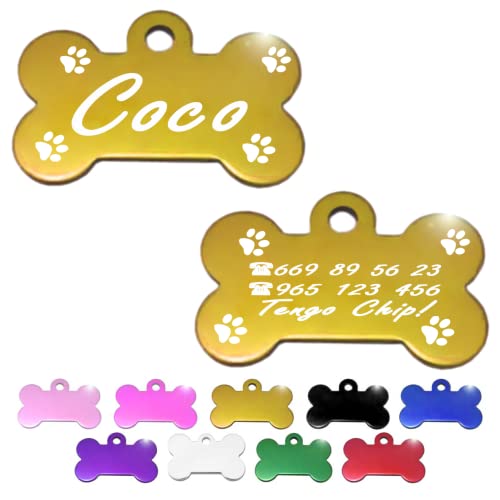 Hueso para Mascotas pequeñas-Medianas con Patas Placa Chapa Medalla de identificación Personalizada para Collar Perro Gato Mascota grabada (Dorado)
