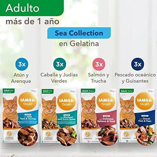 IAMS Delights Sea Collection Alimento húmedo en gelatina - para gatos adultos con diversos sabores a pescado 12 x 85g
