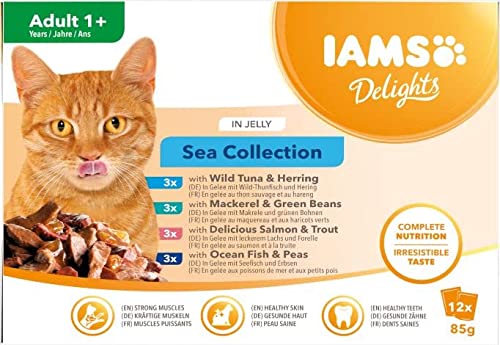 IAMS Delights Sea Collection Alimento húmedo en gelatina - para gatos adultos con diversos sabores a pescado 12 x 85g