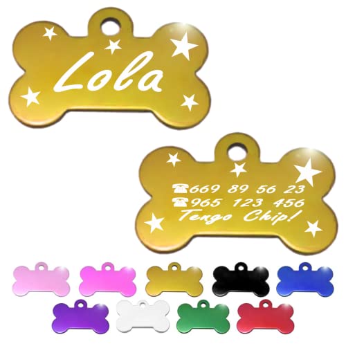 Iberiagifts - Hueso para Mascotas Medianas-Grandes con Estrellas Placa Chapa de identificación Personalizada para Collar Perro Gato Mascota grabada (Dorado)