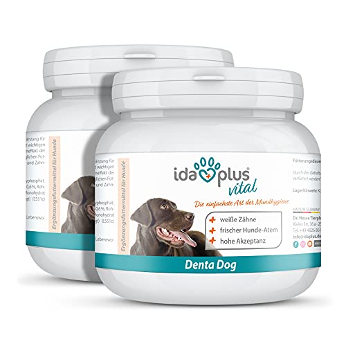 Ida Plus Denta Dog – eficaz cuidado dental para perros, sin cepillar, cuidado dental para perros, detiene el mal aliento y proporciona aliento fresco al perro, 100 g, juego de 2 unidades