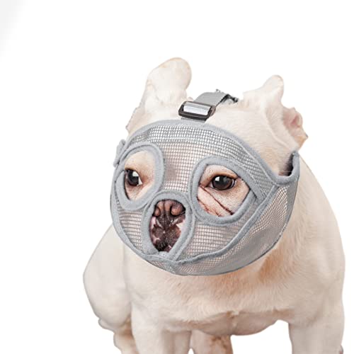 ILEPARK Bozal para Perros de Hocico Corto, Bozal de Bulldog Anti-Mordiscos y Ladridos, Máscara para Perros (M,Gris)