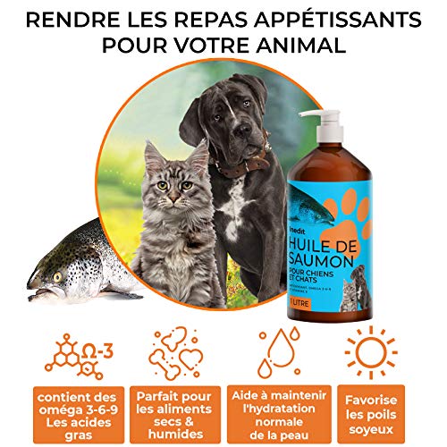 Inedit - Aceite de salmón para perro y gato – 1 litro 100 % natural – Aceite de pescado sanitario