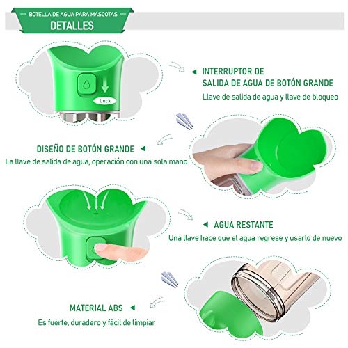 INPHER Botella de Agua para Perros, Bebedero Perro Portátil, Dispensador Gatos Mascotas Portátil, 3 en 1 Multifuncional al Aire Libre de Viaje con Pala, Snap Gancho y Bolsa de Basura, 300ml, Verde