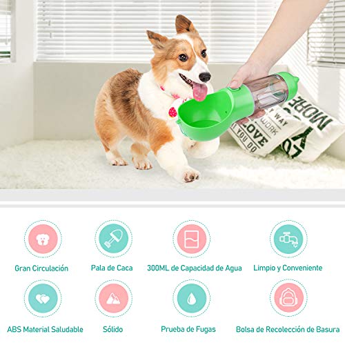 INPHER Botella de Agua para Perros, Bebedero Perro Portátil, Dispensador Gatos Mascotas Portátil, 3 en 1 Multifuncional al Aire Libre de Viaje con Pala, Snap Gancho y Bolsa de Basura, 300ml, Verde