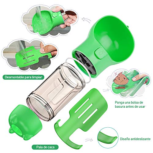 INPHER Botella de Agua para Perros, Bebedero Perro Portátil, Dispensador Gatos Mascotas Portátil, 3 en 1 Multifuncional al Aire Libre de Viaje con Pala, Snap Gancho y Bolsa de Basura, 300ml, Verde