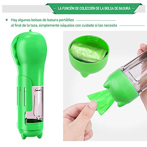 INPHER Botella de Agua para Perros, Bebedero Perro Portátil, Dispensador Gatos Mascotas Portátil, 3 en 1 Multifuncional al Aire Libre de Viaje con Pala, Snap Gancho y Bolsa de Basura, 300ml, Verde