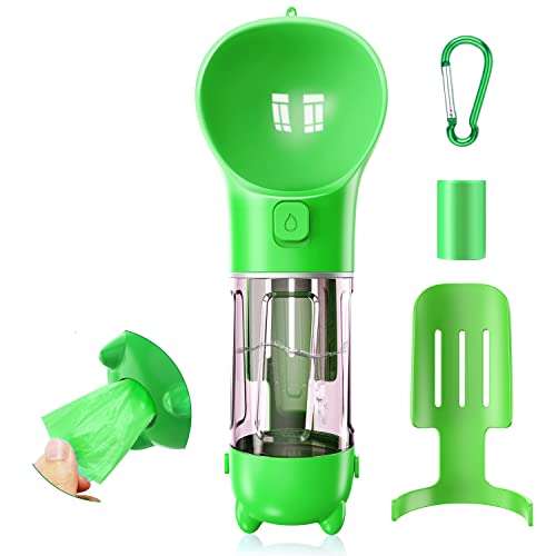 INPHER Botella de Agua para Perros, Bebedero Perro Portátil, Dispensador Gatos Mascotas Portátil, 3 en 1 Multifuncional al Aire Libre de Viaje con Pala, Snap Gancho y Bolsa de Basura, 300ml, Verde