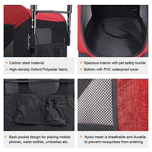 IREENUO Cochecitos para Perros, Plegable Carrito para Perros Viaje Carro Perro con Cuatro Ruedas para Perros Medianos Grandes (Rojo)