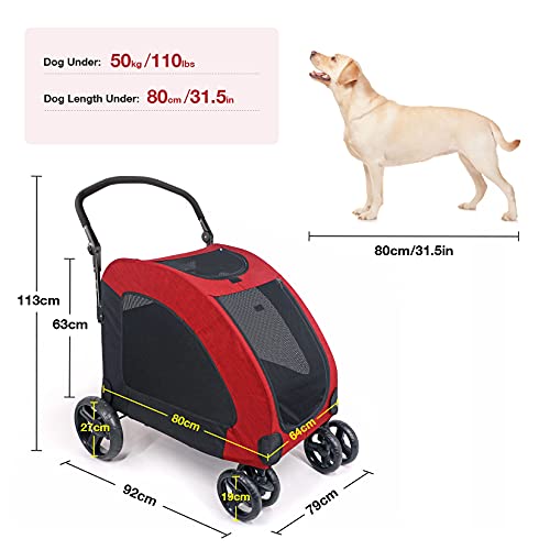 IREENUO Cochecitos para Perros, Plegable Carrito para Perros Viaje Carro Perro con Cuatro Ruedas para Perros Medianos Grandes (Rojo)