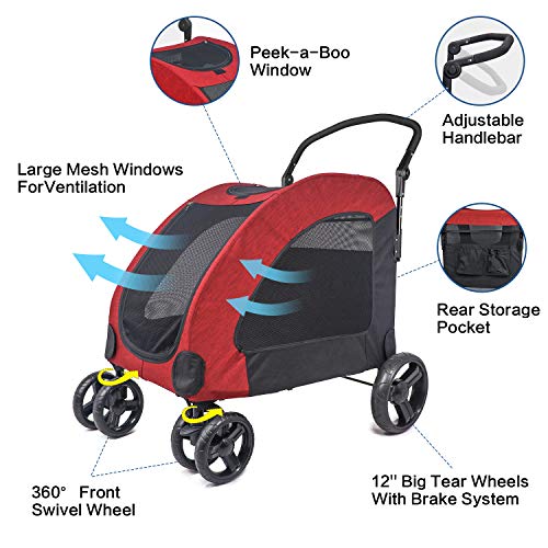 IREENUO Cochecitos para Perros, Plegable Carrito para Perros Viaje Carro Perro con Cuatro Ruedas para Perros Medianos Grandes (Rojo)