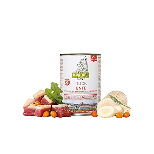 ISEGRIM Lata Perro Adulto Pato + Chirivia, Bayas de Espino Amarillo y Hierbas Silvestres, 400 g, Perro