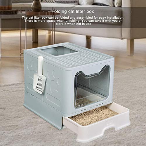 Ishine Cajas de arena para gatos para orinal de gato, plegable, antisalpicaduras, tapa de inodoro, suministros de tipo gato, con cuchara de plástico para mascotas (azul)