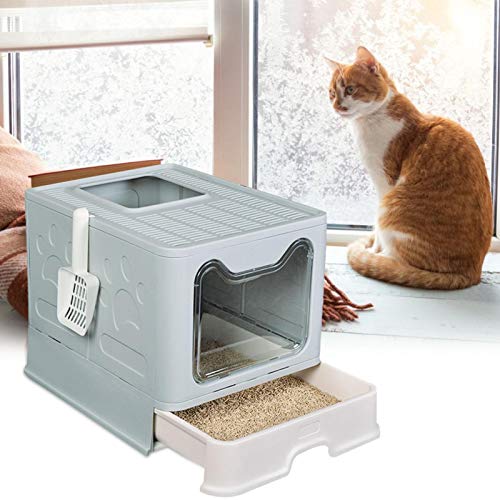 Ishine Cajas de arena para gatos para orinal de gato, plegable, antisalpicaduras, tapa de inodoro, suministros de tipo gato, con cuchara de plástico para mascotas (azul)