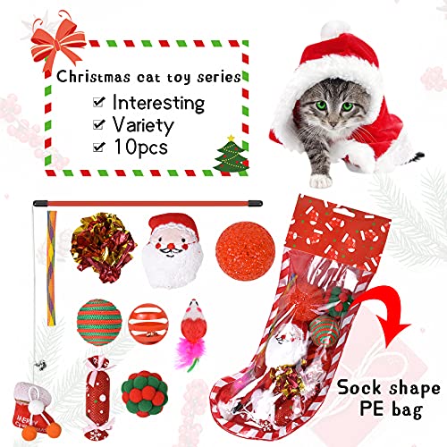 Jinlaili 10 Piezas Juguetes de Navidad para Gatos, Juguetes para Gatos interactivos, Navidad Juguetes para Gatos, Juguetes para Gatitos Pequeños Varita Teaser para Gatos, Regalos para Gatos (Rojo)
