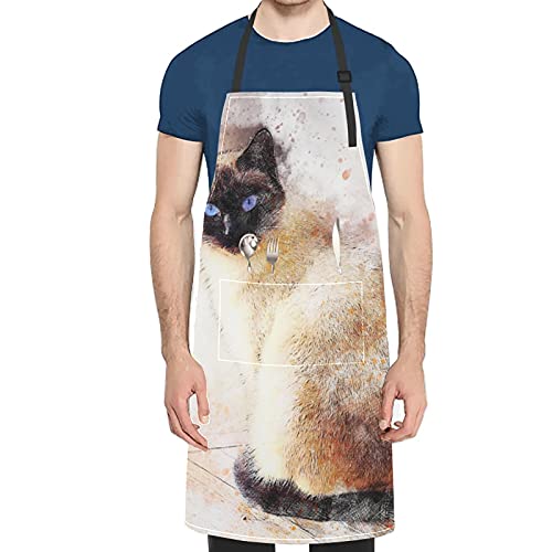 JOCHUAN Gato Siamés Animal Art Pet Acuarela abstracta Delantal de mujer Gato Siamés Animal Art Pet Acuarela abstracta Corbata ajustable con bolsillos para adulto