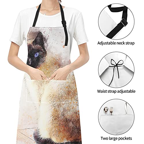 JOCHUAN Gato Siamés Animal Art Pet Acuarela abstracta Delantal de mujer Gato Siamés Animal Art Pet Acuarela abstracta Corbata ajustable con bolsillos para adulto