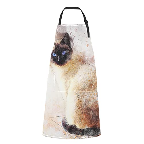 JOCHUAN Gato Siamés Animal Art Pet Acuarela abstracta Delantal de mujer Gato Siamés Animal Art Pet Acuarela abstracta Corbata ajustable con bolsillos para adulto