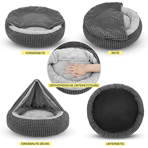 JOEJOY Cama ortopédica para perros y gatos, cama redonda para perros pequeños, gatos, cama para mascotas con capucha, antideslizante, lavable, 59 x 59 x 15 cm, se adapta hasta 12 kg de mascotas