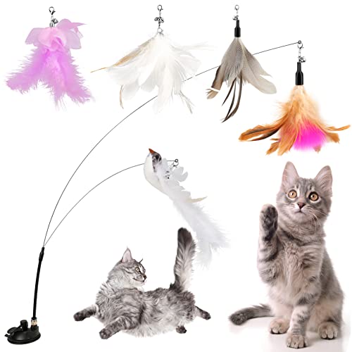 Juego de plumas interactivas para gatos, 8 unidades, plumas para gatos, juguete para gatos, varita mágica y estable