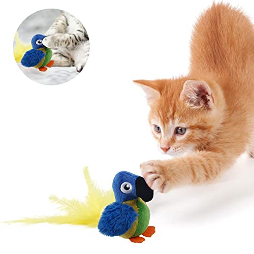 Juguete automático para gatos con pájaro chirriante, juguete para gatos con sonido con sonido de pájaro chirriante realista, juguete electrónico de franela para gatos con forma de loro, para que los g