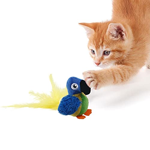 Juguete automático para gatos con pájaro chirriante, juguete para gatos con sonido con sonido de pájaro chirriante realista, juguete electrónico de franela para gatos con forma de loro, para que los g
