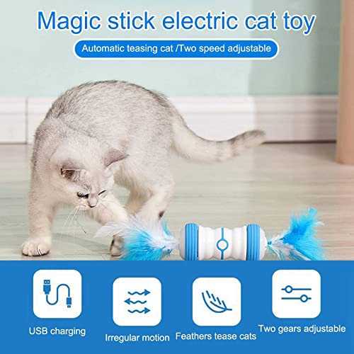 Juguete eléctrico interactivo, bola de gato giratoria automática con carga USB de la luz LED y juguete de pluma, juguete inteligente para gatos (azul)