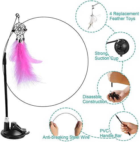 Juguete interactivo para gatos con ventosa extraíble con 10 piezas de cabeza de plumas natural, juego de campanas, varita mágica, juguete para gato (Multi-1)