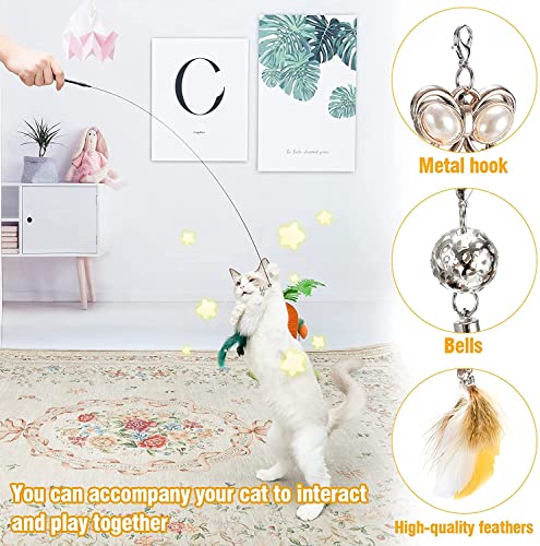 Juguete interactivo para gatos con ventosa extraíble con 10 piezas de cabeza de plumas natural, juego de campanas, varita mágica, juguete para gato (Multi-1)