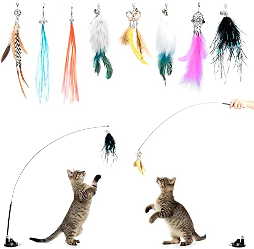 Juguete interactivo para gatos con ventosa extraíble con 10 piezas de cabeza de plumas natural, juego de campanas, varita mágica, juguete para gato (Multi-1)