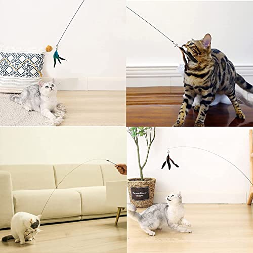 Juguete interactivo para gatos con ventosa extraíble con 8 piezas de ratón, cabeza de plumas natural, juego de campanas, varita mágica, juguete para gato (Multi-1)