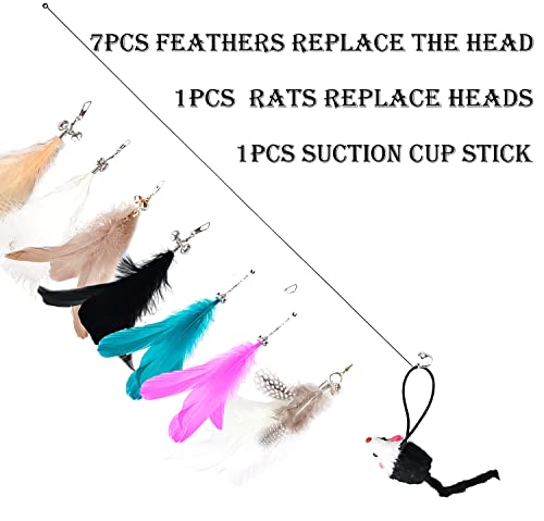 Juguete interactivo para gatos con ventosa extraíble con 8 piezas de ratón, cabeza de plumas natural, juego de campanas, varita mágica, juguete para gato (Multi-1)