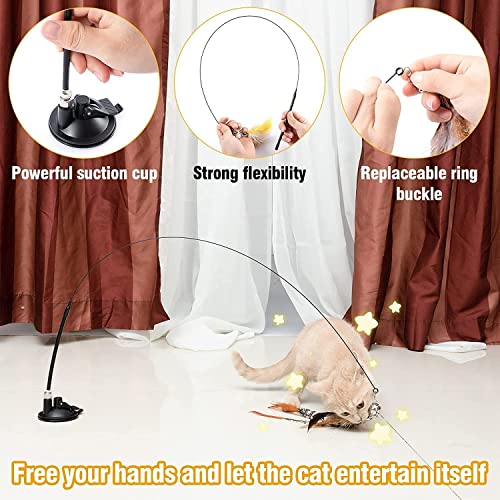 Juguete interactivo para gatos con ventosa extraíble con 8 piezas de ratón, cabeza de plumas natural, juego de campanas, varita mágica, juguete para gato (Multi-1)