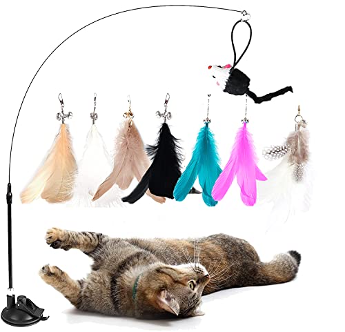 Juguete interactivo para gatos con ventosa extraíble con 8 piezas de ratón, cabeza de plumas natural, juego de campanas, varita mágica, juguete para gato (Multi-1)