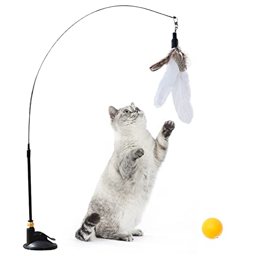 Juguete para Gatos Interactivos simyron Juguetes con Plumas para Gatos con Campana y Ventosa, Juguetes para Gatos Interactivos Varita para Gato Jugar Solo Juguetes Interior Gatitos