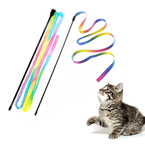 Juguetes interactivos de varita de arco iris para gatos, cuerda interactiva para varitas de gato, cinta colorida para gatitos, 2 unidades