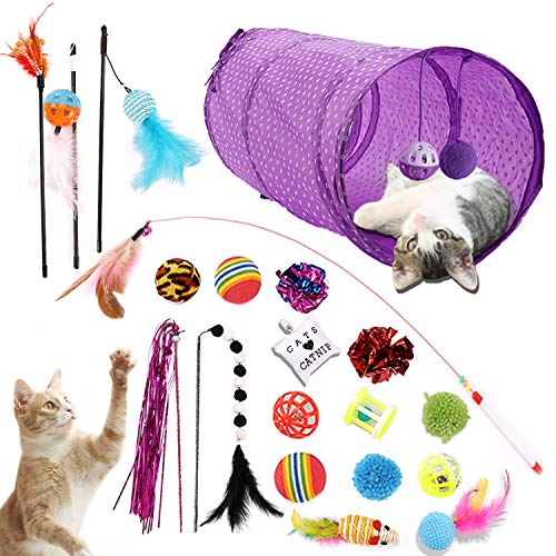 Juguetes para gatos para gatos de interior - 20 piezas de juguetes para gatitos surtidos con túneles para gatos, bolas, plumas, varitas, ratón, hierba gatera, juguetes para gatos, juguetes interactivo