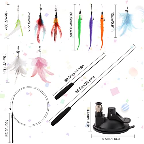 Juguetes para Gatos,Juguete Interactivos de Plumas para Gatos,2 Varita de Burla para Gatos,1 Ventosa Fuerte,9 Plumas de Repuesto con Campana,Caña de Pescar para Gatos de Interior Movimiento Jugar