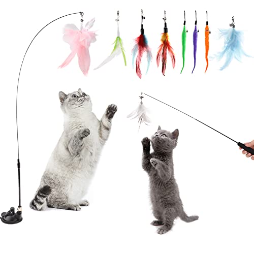 Juguetes para Gatos,Juguete Interactivos de Plumas para Gatos,2 Varita de Burla para Gatos,1 Ventosa Fuerte,9 Plumas de Repuesto con Campana,Caña de Pescar para Gatos de Interior Movimiento Jugar