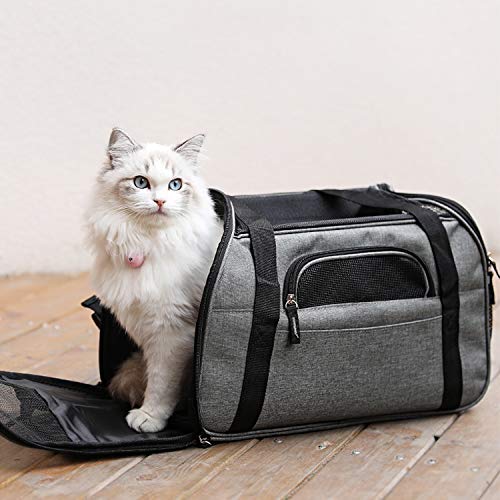 Kaka mall Transportín Perro Gato Transpirable Plegable Pet Carrier Impermeable Bolso de Hombro Acolchado Suave Viaje Avion Tren o Auto por Pequeños Mascota (Gris, S)