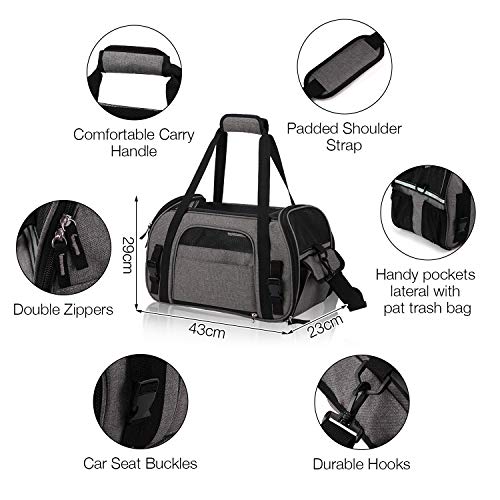 Kaka mall Transportín Perro Gato Transpirable Plegable Pet Carrier Impermeable Bolso de Hombro Acolchado Suave Viaje Avion Tren o Auto por Pequeños Mascota (Gris, S)