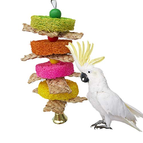 Keersi Juguete de lufa Natural y Paja Trenzada para Loro, Guacamayo, Gris Africano, periquitos, cacatúa