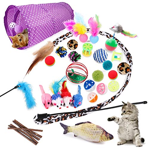 KGCA Práctico 28 Piezas Juguete Gatos, Gatito, Túnel Gato, Gato, Menta, Pez, Pluma, Burlas, Pez, Ratón Esponjoso, Ratón, Boy Campana, Juguete Ca