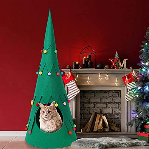KLIEUWDBAARASRASJ Suministros para Mascotas Navidad Alfombra de Fieltro Verde para Gatos Nido de Mascotas Navidad Ambiente Festivo Lindo Bola de Piel Árbol Casa de Gato-Verde Bosque, CN