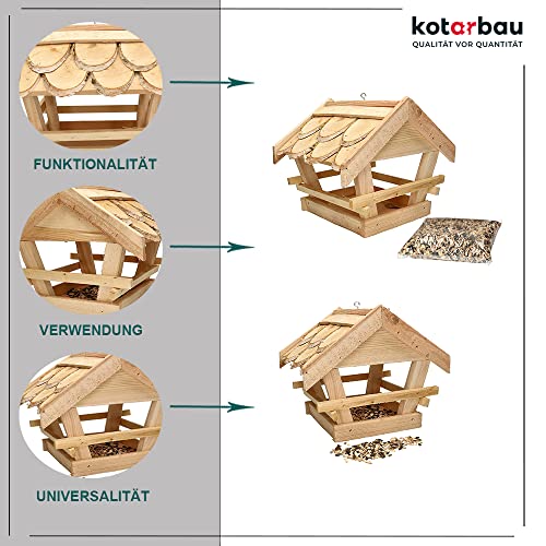 KOTARBAU® Comedero de madera para pájaros con tejas para colgar + 0,5 kg de forro gratis.