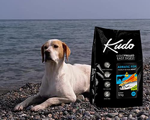 Kudo Pienso Seco Prensado en Frío para Perros Adultos de Todos los Tamaños. Receta Natural Adulto Pescado. Sin Gluten. Elaborado con Ingredientes Naturales (12 Kg)