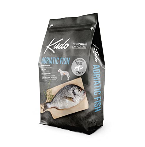 Kudo Pienso Seco Prensado en Frío para Perros Adultos de Todos los Tamaños. Receta Natural Adulto Pescado. Sin Gluten. Elaborado con Ingredientes Naturales (12 Kg)