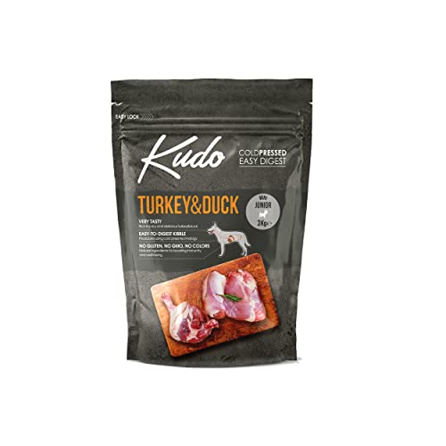 Kudo Pienso Seco Prensado en Frío para Perros Jóvenes de Tamaño Pequeño. Receta Natural Junior Mini Pato y Pavo 3 Kg. Sin Gluten