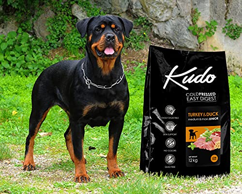 Kudo Pienso Seco Prensado en Frío para Perros Jóvenes. Receta Natural Junior Pavo y Pato. Sin Gluten. Todas Las Razas y Tamaños (12 Kg)